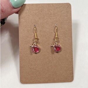 Ladybug Gold and Pink Drop Earrings